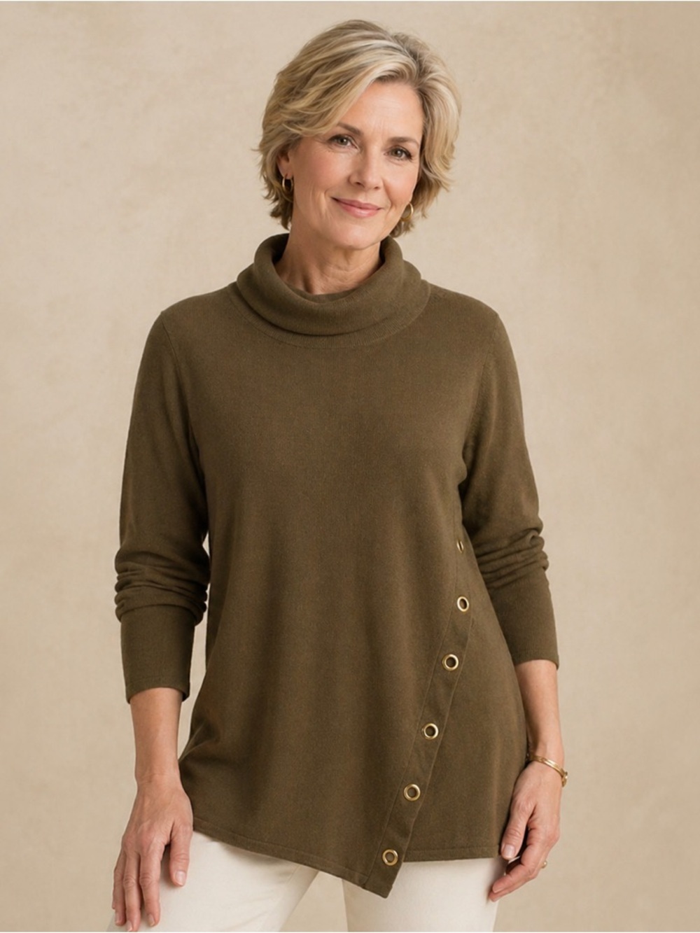 Soft Surroundings Olive Green Turtleneck Viscose Sweater Metal Grommet Accent XL